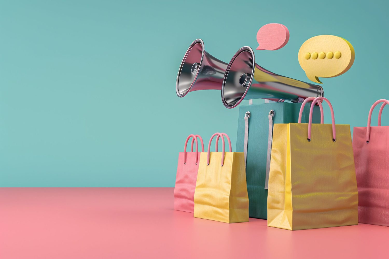 3D image of levitating loudspeaker symbol shopping purse and dialogue balloon - Advertising and Retail Idea.